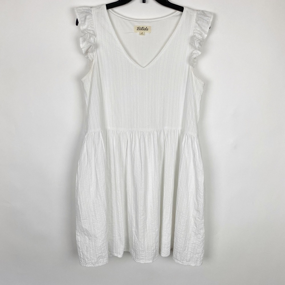Listicle Dobby Stripe Ruffle Sleeve Babydoll Mini Dress Womens Small White - Picture 1 of 10